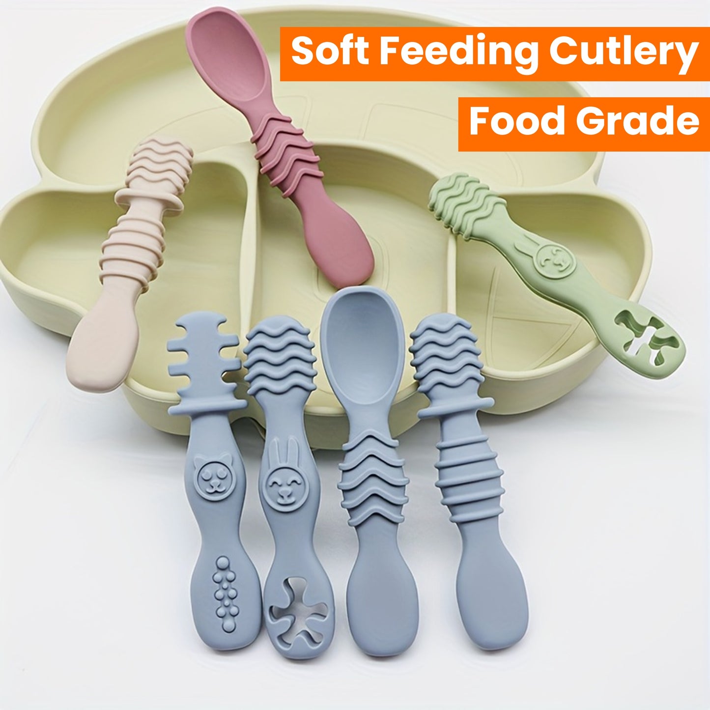 4pcs Baby Silicone Chewing Spoon Set, Food Grade Silicone Spoon And Fork Set, Silicone Spoon, Silicone Cutlery Training, Soft Feeding Cutlery