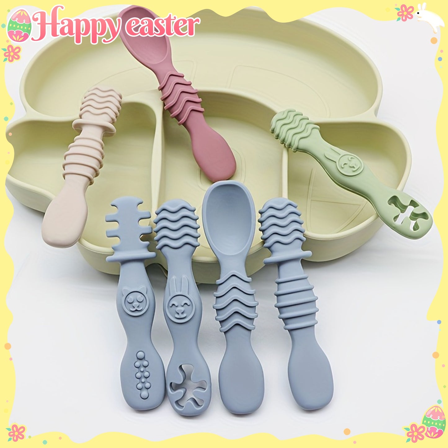 4pcs Baby Silicone Chewing Spoon Set, Food Grade Silicone Spoon And Fork Set, Silicone Spoon, Silicone Cutlery Training, Soft Feeding Cutlery