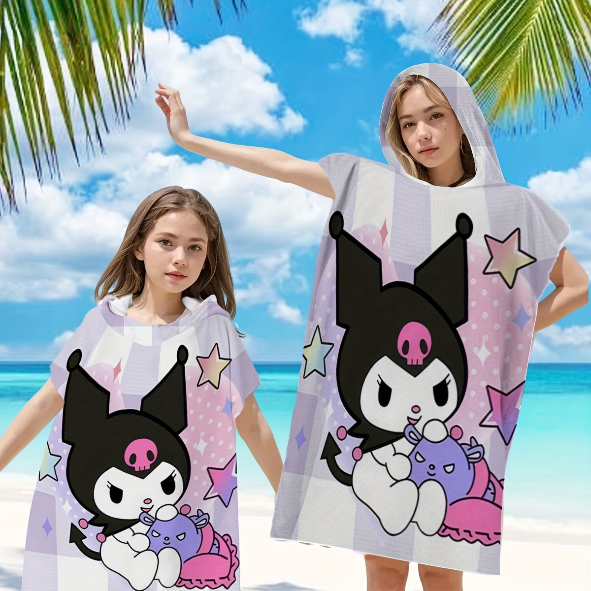 1pc Sanrio Kuromi Adult & Wearable Beach Towel with Kuromi Face Hood - Quick-Dry Microfiber Bath Robe, Cute Kuromi Print for Pool, Bath, Travel - Officially Inspired Sanrio Character Outfit