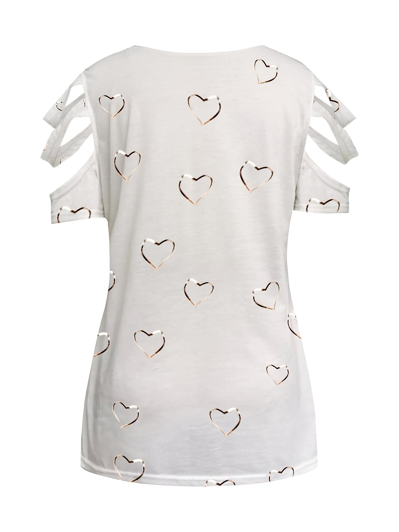 Heart Print Cut Out T-Shirt, Zipper V Neck Short Sleeve T-Shirt, Casual Every Day Tops, Women's Clothing