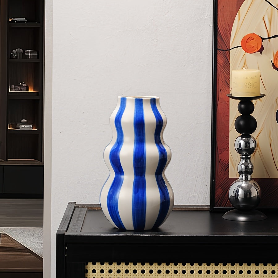 1pc Modern Ceramic Striped Vase – Elegant Cylindrical Design in Blue, Green, Red & White Stripes, Perfect for Hydroponic Plant Arrangements in Living Room, Balcony, or Home Decor, Living Room Accent | Modern Ceramic Vase |