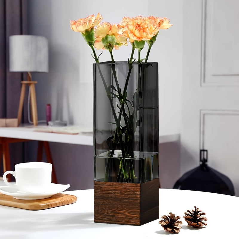 Acrylic Elegant Nordic-Style Vase with Wooden Base - Perfect for Living Room Decor & Floral Arrangements, Ideal Gift for Christmas, Thanksgiving & More