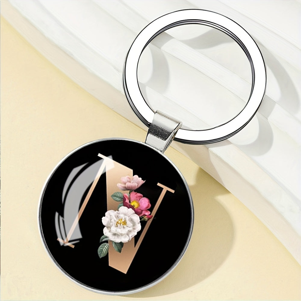 1pc Elegant Floral Alphabet Glass Keychain, Round Character-Themed Alloy Keyring, Romantic Collegiate Style Accessory, Ideal for Birthday, Anniversary, Graduation, Bridal Shower Gifts, and Festive Occasions - Christmas, Hallo