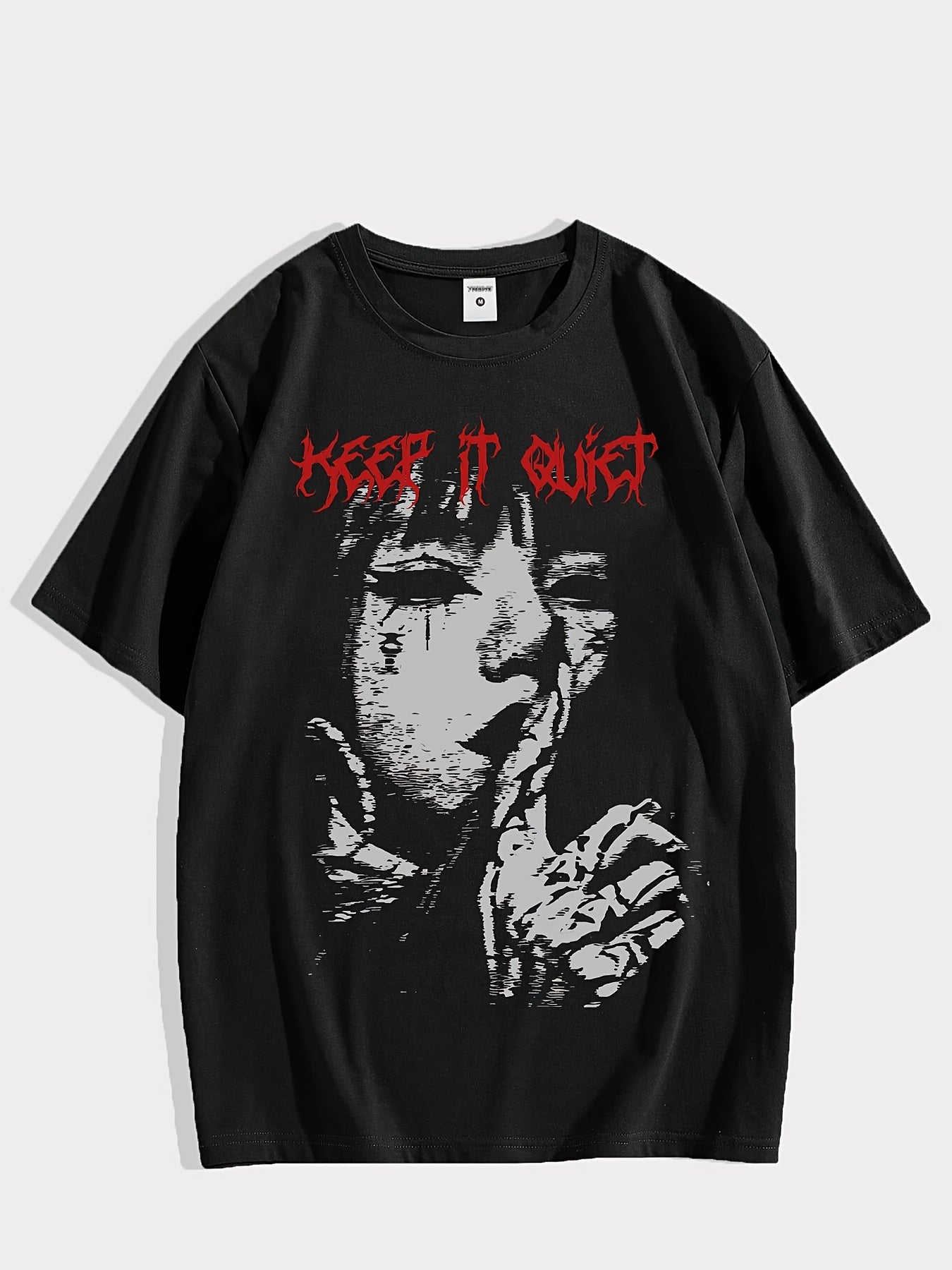 Men'S Keep it Quiet Gothic Character Graphic Tee - Casual Polyester Short Sleeve T-Shirt with Bold Red Lettering, Crew Neck, Spring/Autumn Streetwear