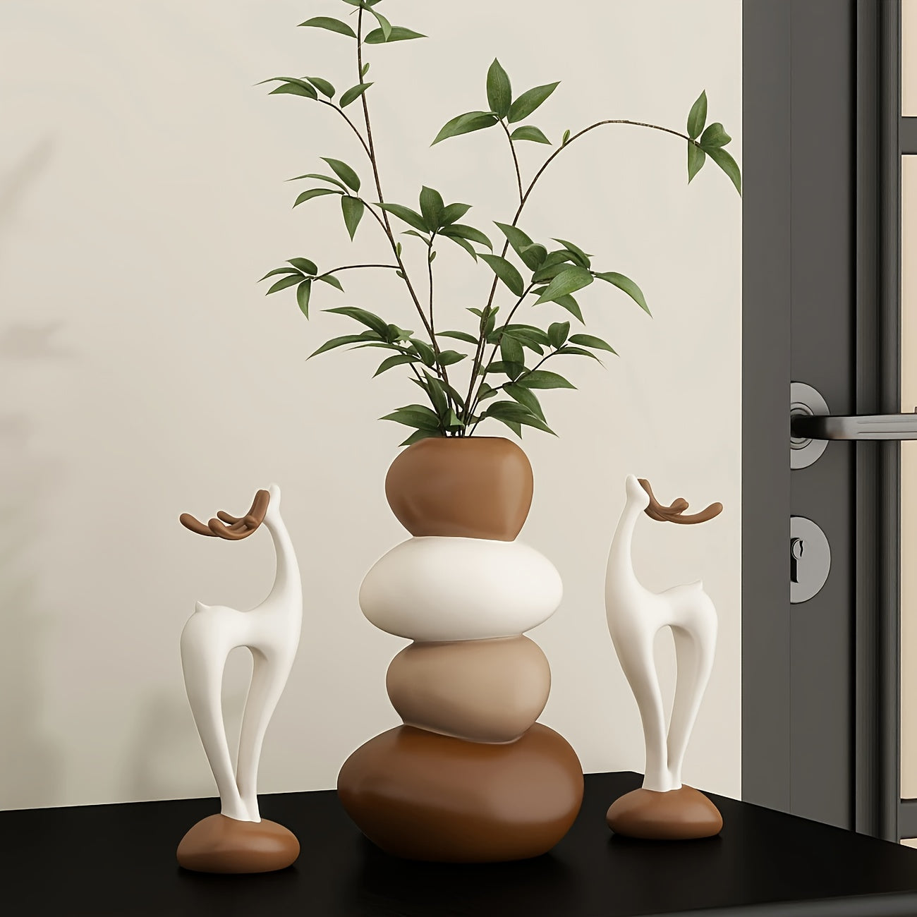 [Creative Stacked Stone Vase] 3pcs Creative Stacked Stone Vase and Deer Figurine Set | Resin Ornaments for Living Room, Bedroom, Office Desk, Bookshelf – Unique Christmas Gifts for Family & Friends