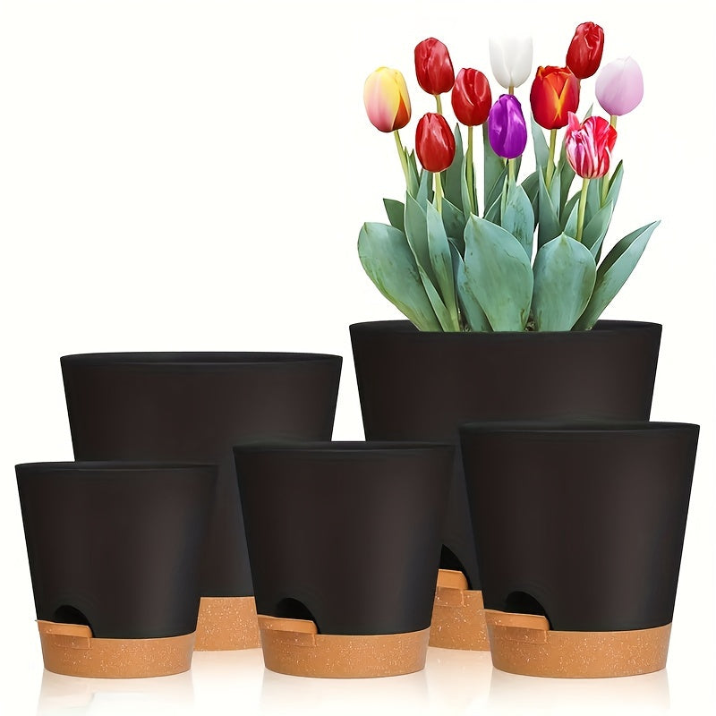 5pcs Plant Pots 7/6.5/6/5.5/5 Inch Self Watering Planters With Drainage Hole, Plastic Flower Pots, Nursery Planting Pot For All House Plants, Succulents, Snake Plant, African Violet, Flowers