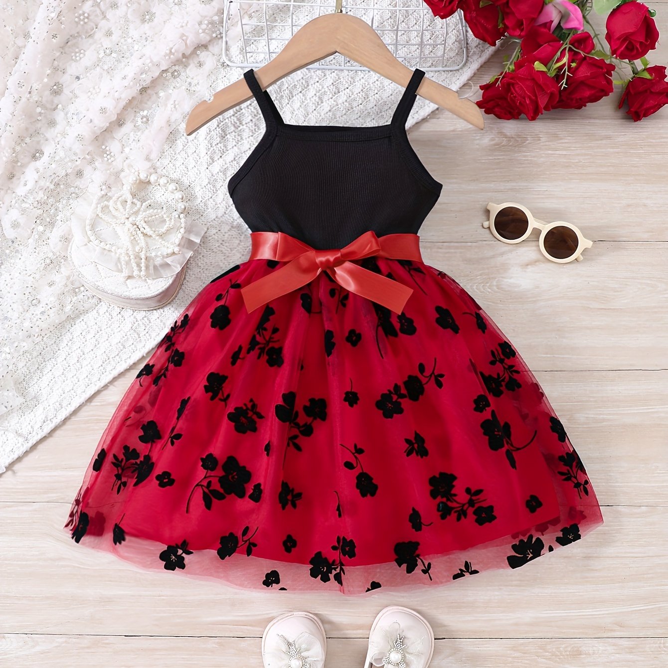 Splicing Flower Graphic Cami Tutu Dress Girls Summer Clothes Party Gift