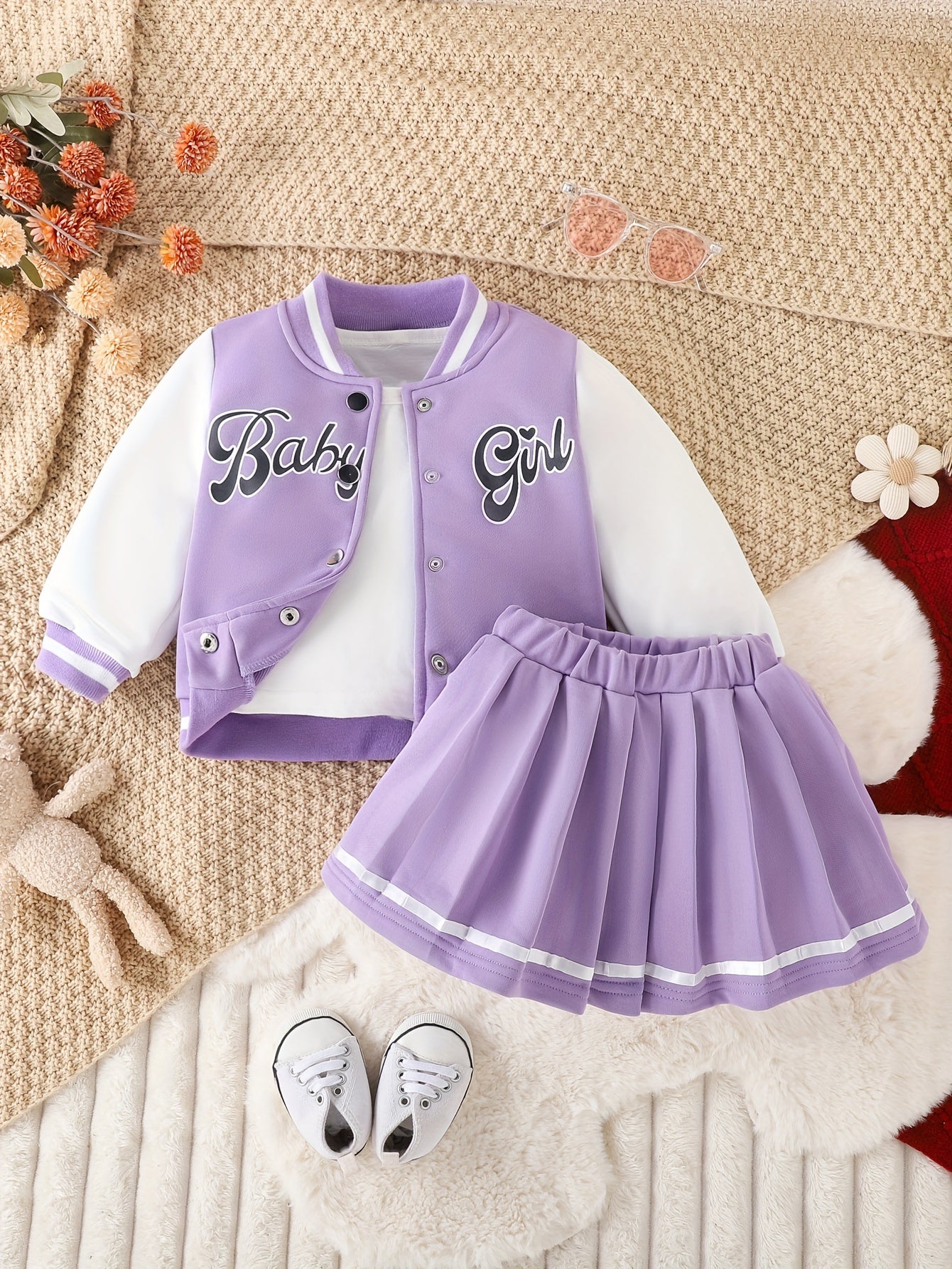 Preppy Style Girls 2pcs BABY GIRL Print Baseball Jacket + Pleated Skirt Outdoor Set For Party Sports Gift