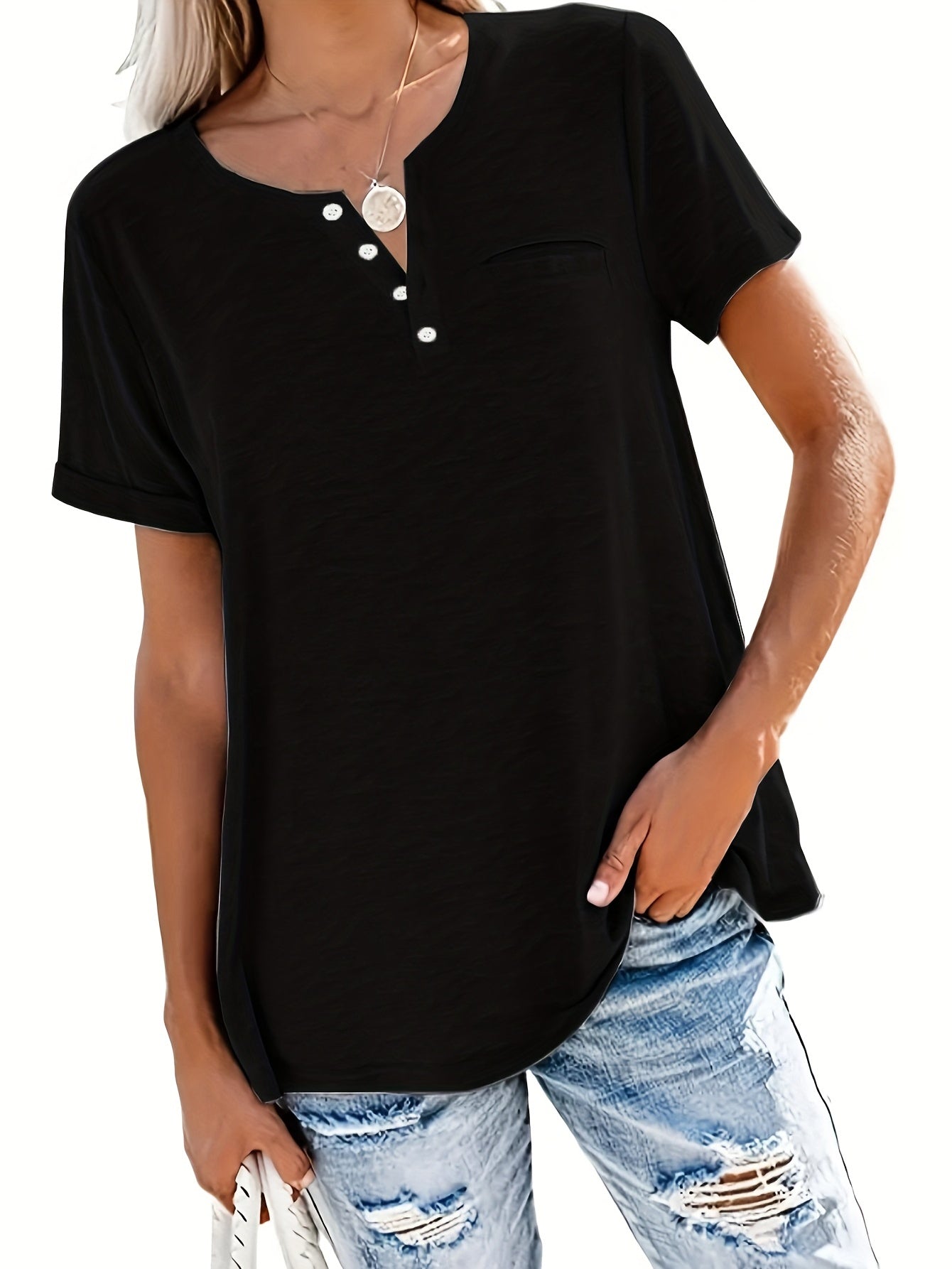 Plus Size Button Front Short Sleeve T-shirt, Women's Plus Slight Stretch Casual Tee