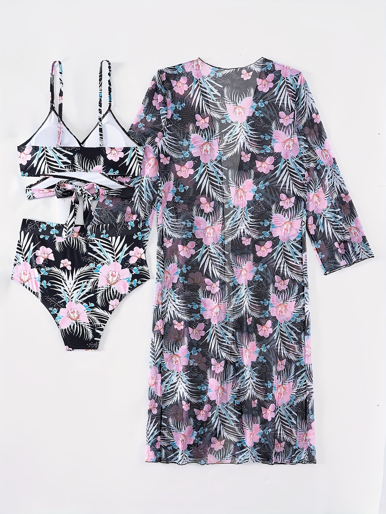 3 Piece Set Stretchy Floral Print Long Sleeve V Neck Tie Back Swimsuits - High Stretch Polyester Bikini Set with Kimono Cover Up - Perfect for Swimming and Beach Activities