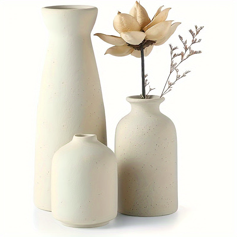 3-Piece Ceramic Matte Vase Set - Stylish & Rustic Chic Decor for Farmhouse Living - Modern Minimalist Centerpiece, Perfect for Pampas Grass, Dining Table, Bookshelf & Boho Home Aesthetics