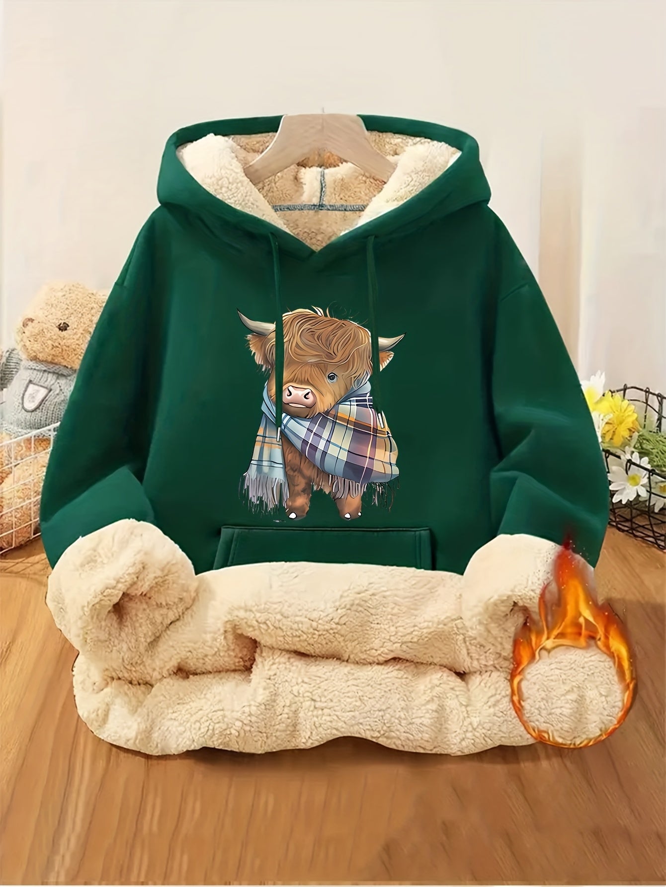 Women's Highland Cow Print Fleece Hooded Sweater - Thickened Winter Warmth, Cozy Plush Lining, Casual Retro Pullover with Pocket, Pink Scottish Cow Design, Sizes XS-XXL (Machine Washable) for Spring, Fall & Winter Layering