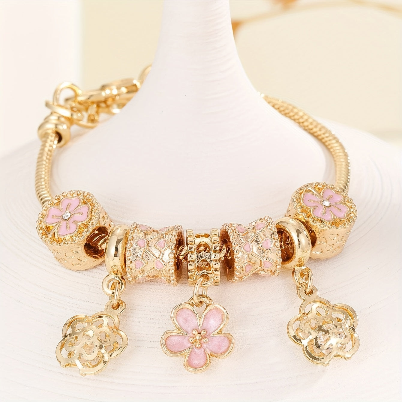 Delicate Pink Flower Pendant Bangle Bracelet - Timeless Elegance for Versatile Style - Handcrafted Copper Chain Jewelry, Adjustable & Durable
