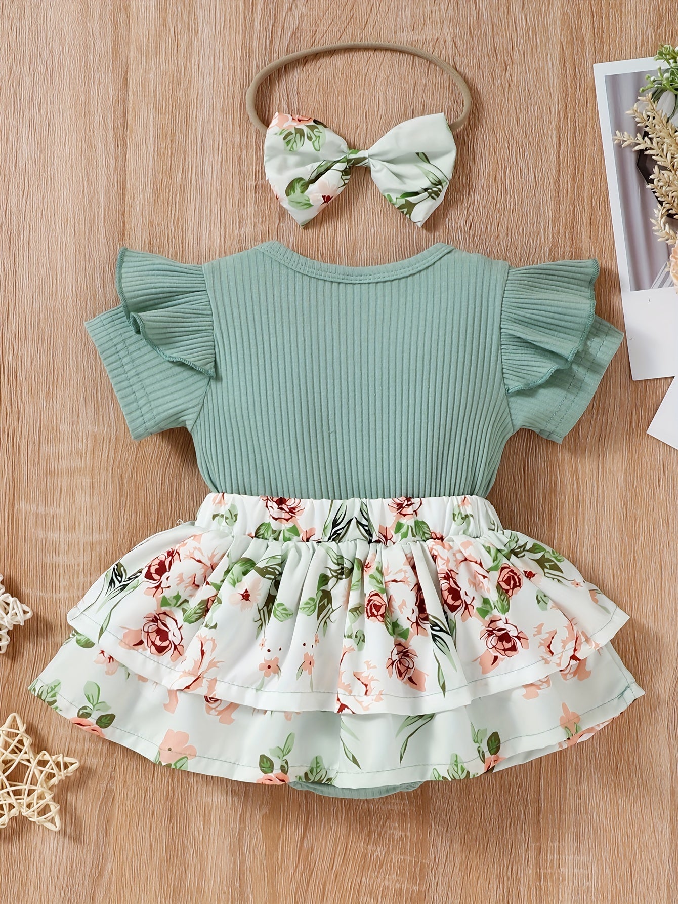 Baby Girls Spring Summer New Floral Skirt Swing Short Sleeve Romper Puffer Coat + Bow Headband Set, Suitable For Outdoor Wear