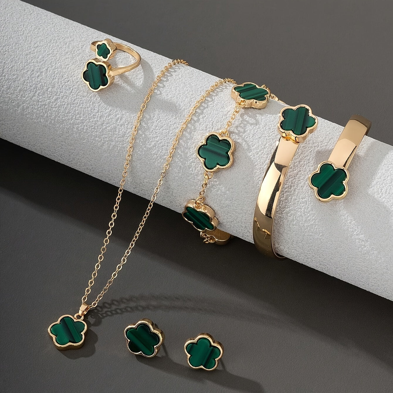 Exquisite Flower Design Stud Earrings & Necklace & Ring & Bangle & Bracelet Elegant Simple Style Delicate Jewelry Set