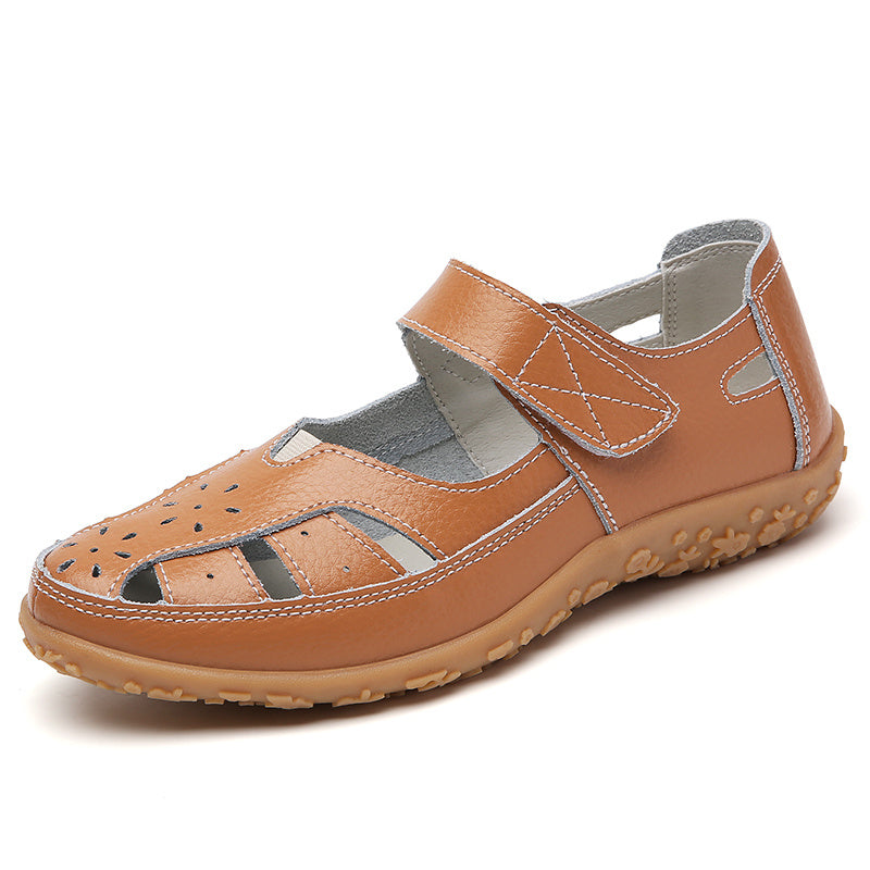 Soft Sole Women's Cut-out Flat Sandals, Non Slip Closed Toe Casual Walking Shoes with Hook & Loop