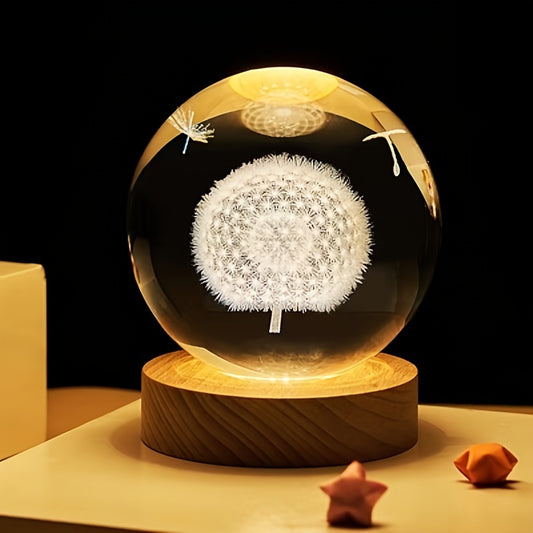 1pc 3D Laser Dandelion Engraved Crystal Ball Lamp, Colorful Night Light Decoration, Holiday Party, For Men And Women Friends Wife Birthday Gift Classmates Teacher Awards Anniversary Souvenirs