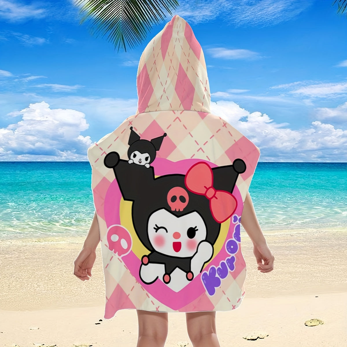1pc Sanrio Kuromi Adult & Kids Wearable Beach Towel with Hood - Quick-Dry Microfiber Bathrobe, Cute Kuromi Character Swim Wrap, Machine Washable for Pool, Bath, Travel - Ideal for & Adults
