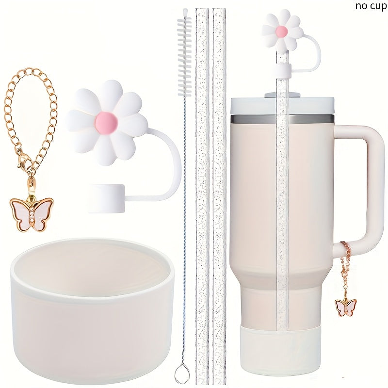 6pcs Cup Accessories Set for 40oz/30oz Tumbler, Include Glitter Straw and Brush, Flower Straw Cover Cap, Silicone Boot, Butterfly Charm Chain, Perfect for Outdoor Sport, Ideal Valentine's Day Gift, Mother's Day Gift