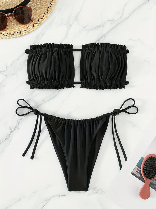 Ruched Bra Top Double Drawstring Bandeau Tie Side High Cut Two Piece Bikini Swimsuit, Women's Swimwear