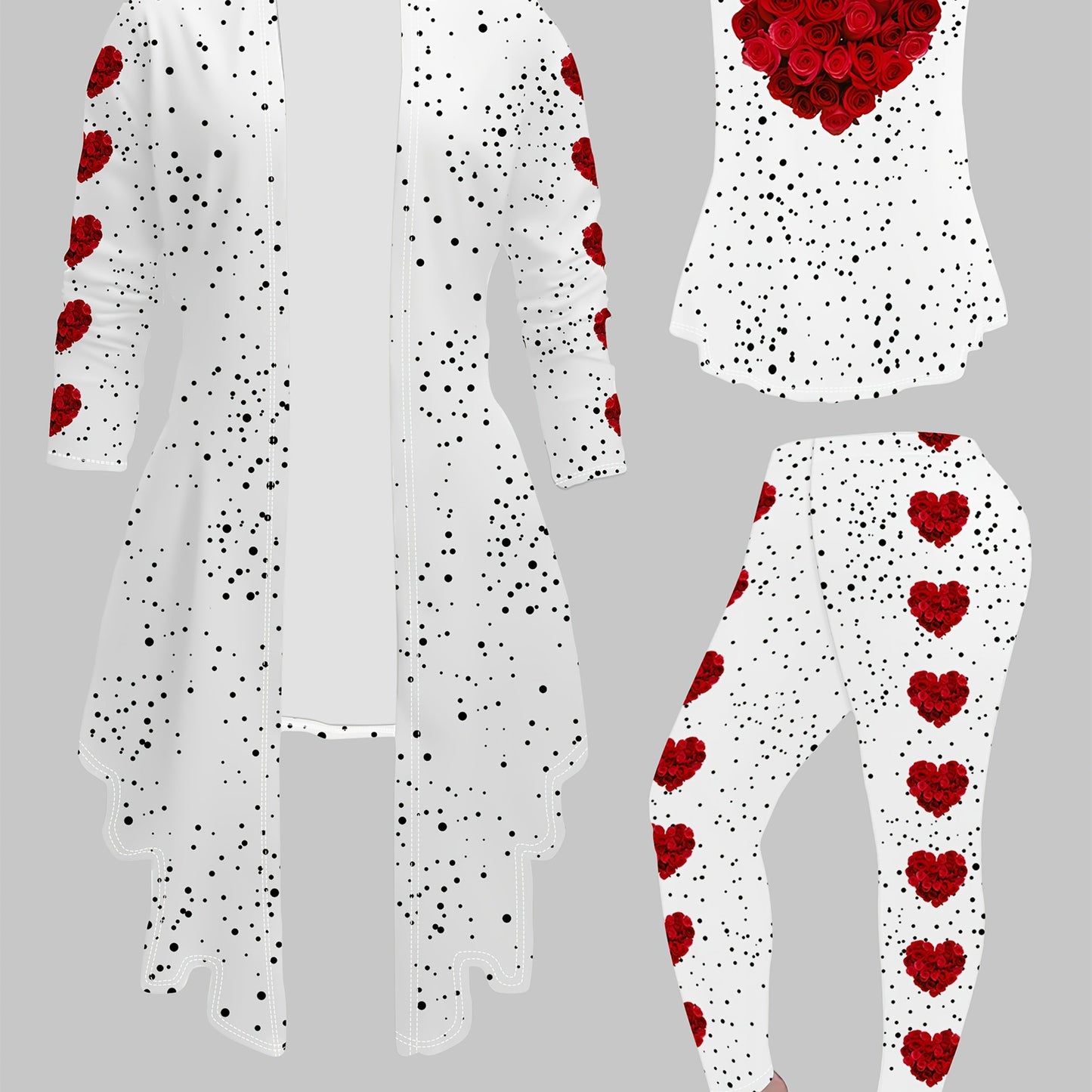 Elegant 3pcs Valentine's Day Outfit Set - Polyester Knit Fabric Crew Neck Top and Pants - All Over Heart & Rose Flower Print, 95% Polyester, 5% Spandex, Versatile All-Season Wear