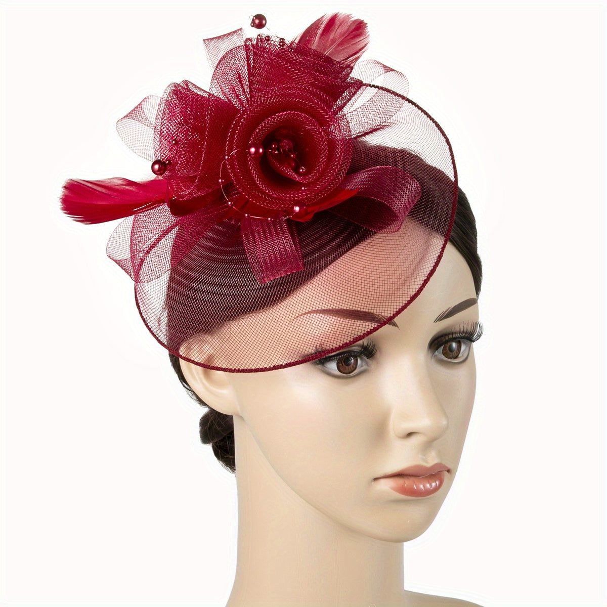 1pcs Women Mesh Flower Faux Feather Fascinator For Tea Party Birthday Horce-Racing Wedding Hat Derbyhat Church Hat