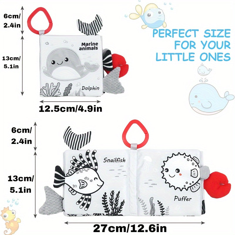 1pc BBSKY Soft Cloth Baby Book with 3D Animal Tails, Sensory Touch and Feel Educational Board Book, Anti-Tear, Polyester Material for Early Learning and Development - Grey and White