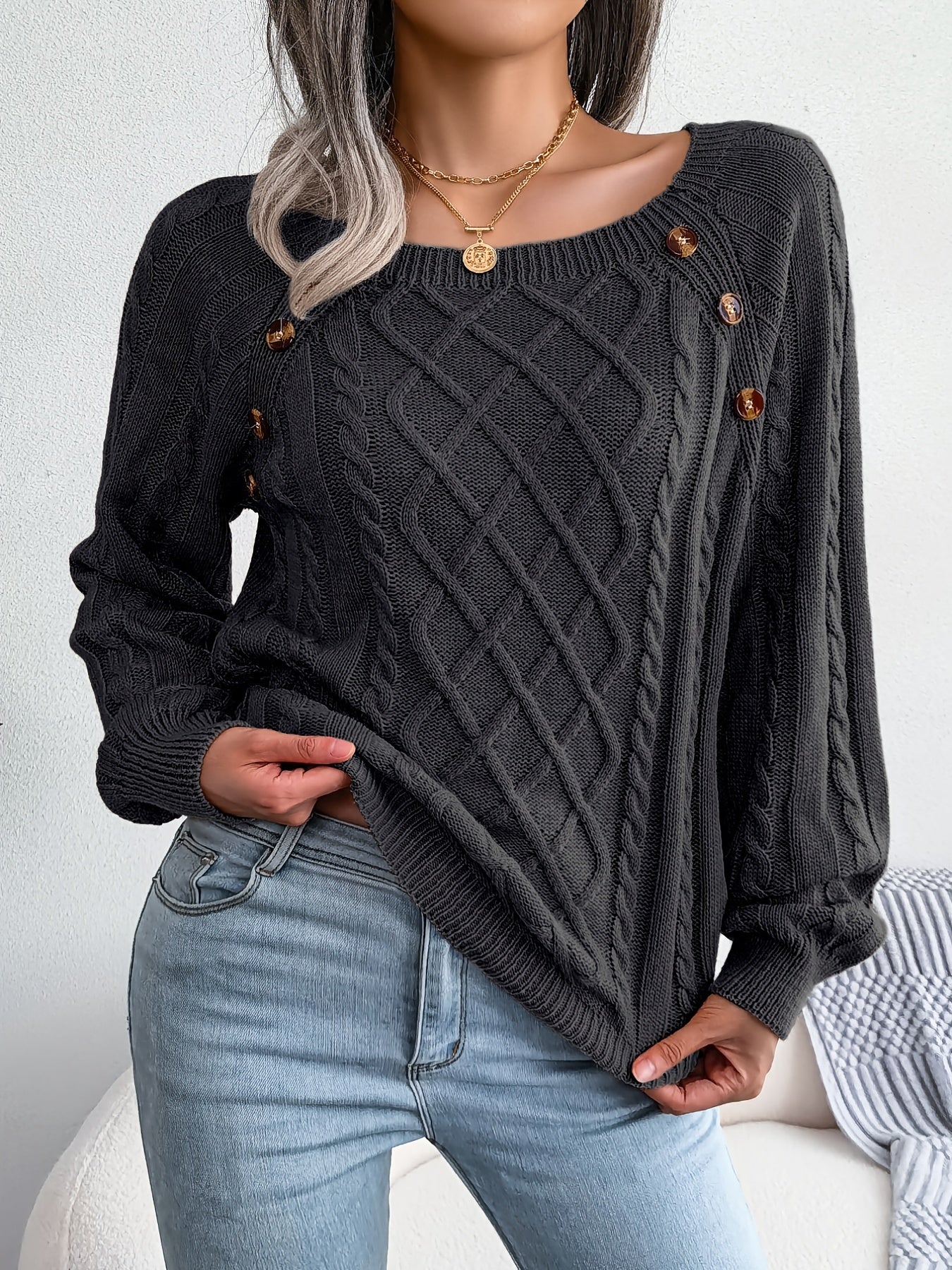 Autumn/Winter European and American Casual Solid Color Square Neck Button Twist Long Sleeve Pullover Sweater