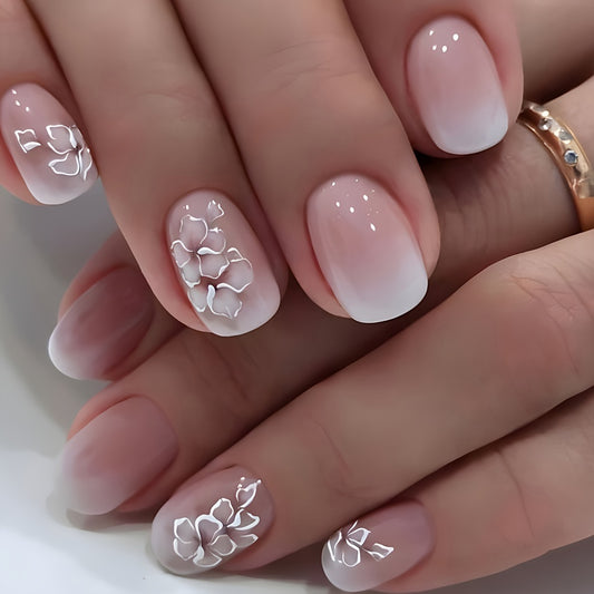 24pcs Glossy Short Square Fake Nails, White Pinkish Gradient Press On Nails With Flower Design, Sweet Cool Full Cover False Nails For Women Girls