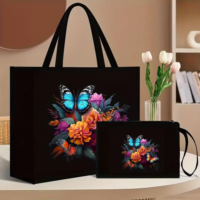 2pcs Floral and Butterfly Print Tote Bag Set with Matching Wallet