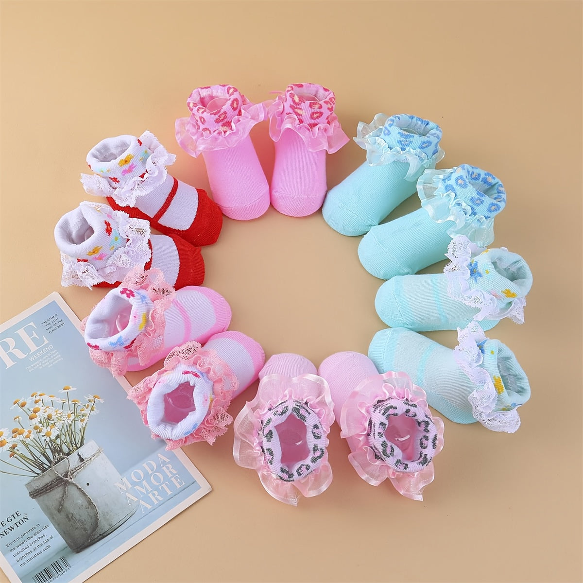 6 Pairs Multicolor Ruffle Socks | Princess Dress Little Girl Big Ruffle Socks for Newborn/Baby/Toddler/Little Girl, Polyester, All-Season, Knit Fabric