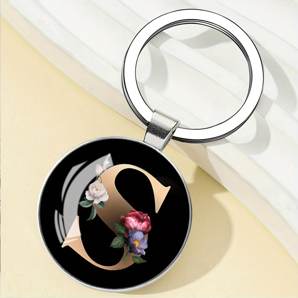 1pc Elegant Floral Alphabet Glass Keychain, Round Character-Themed Alloy Keyring, Romantic Collegiate Style Accessory, Ideal for Birthday, Anniversary, Graduation, Bridal Shower Gifts, and Festive Occasions - Christmas, Hallo