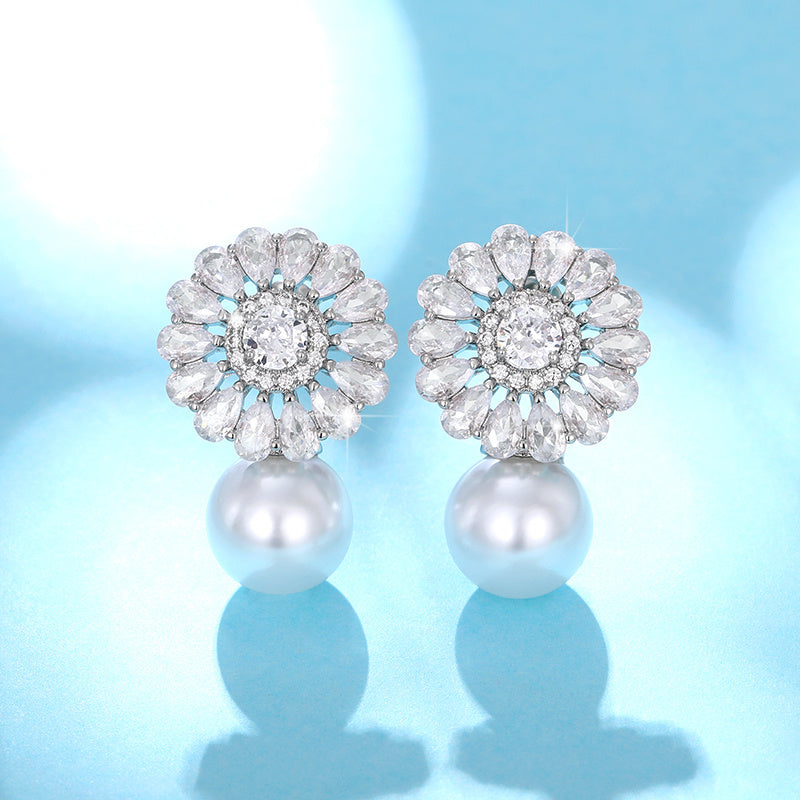 Fashion Flower zirconia Imitation Pearl Drop Earring For Women