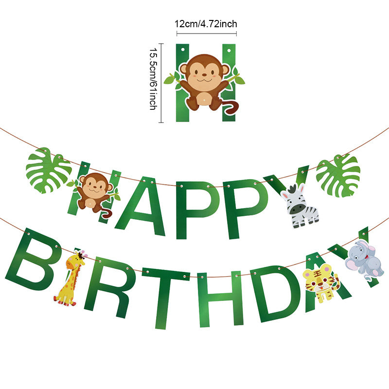 Paper Jungle Animal Happy Birthday Banner, Monkey Giraffe, Woodland, for Birthday Decoration, with Use Without Electricity, for Room, Garden, Entryway