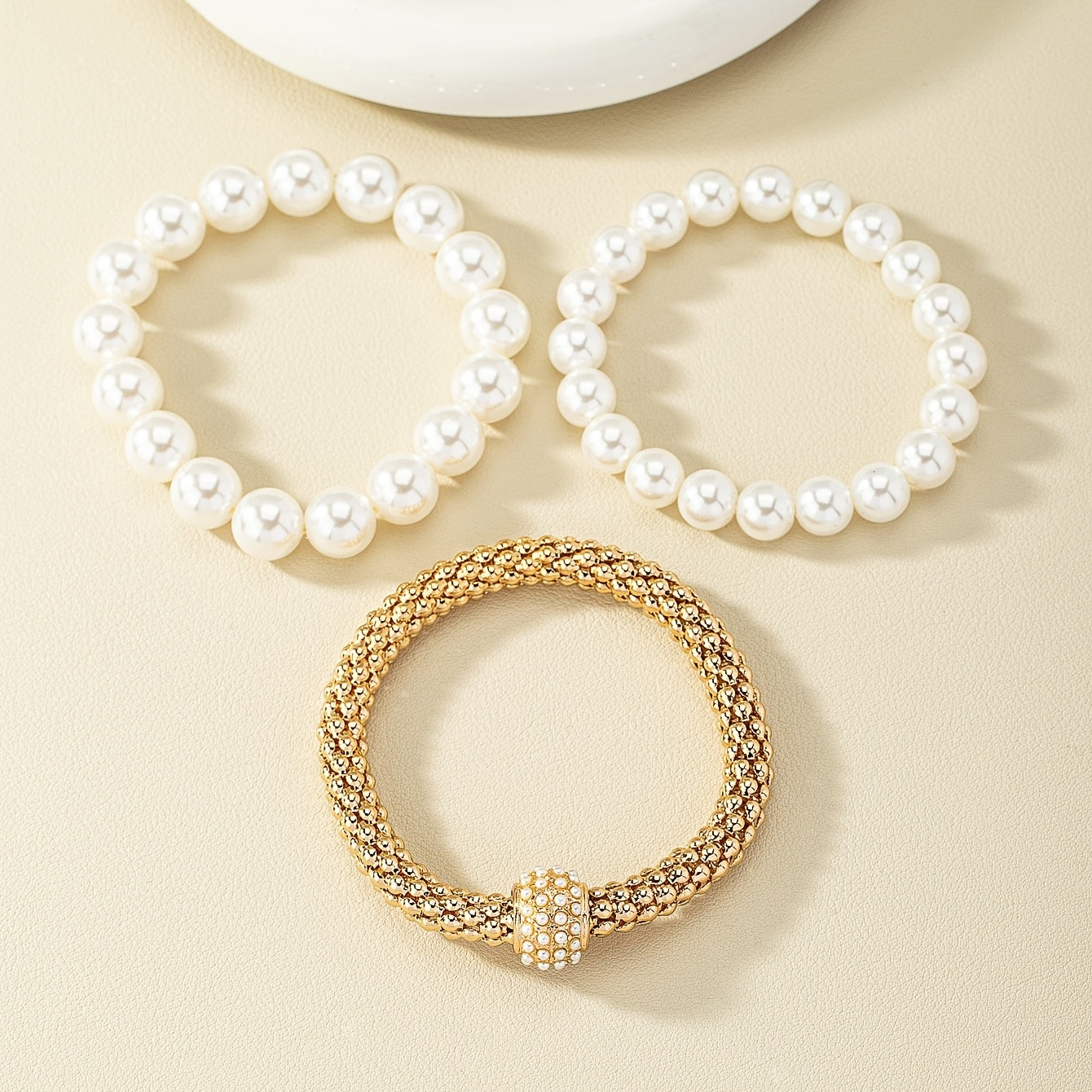 Faux Pearls Bracelet Kit 14K Gold Plated Stretch Hand Jewelry Set For Women & Girls 3 Pcs