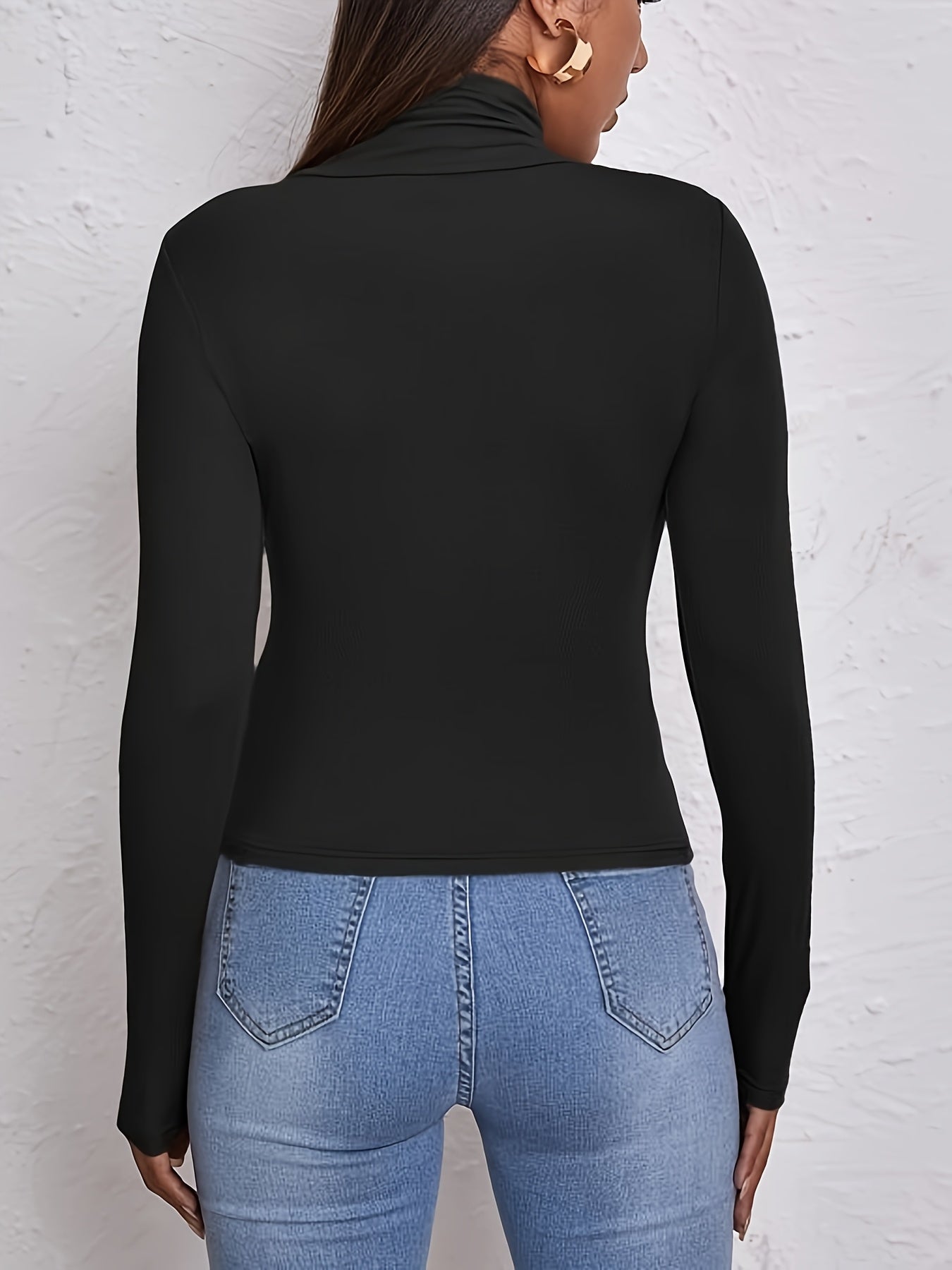 Women'S High-Neck Long Sleeve Crop Top - Stretchy Black Polyester Blend, Casual Chic Fit with Button Detail, Perfect for Fall/Winter, Casual Chic Top|Minimalist Style|Polyester Blend