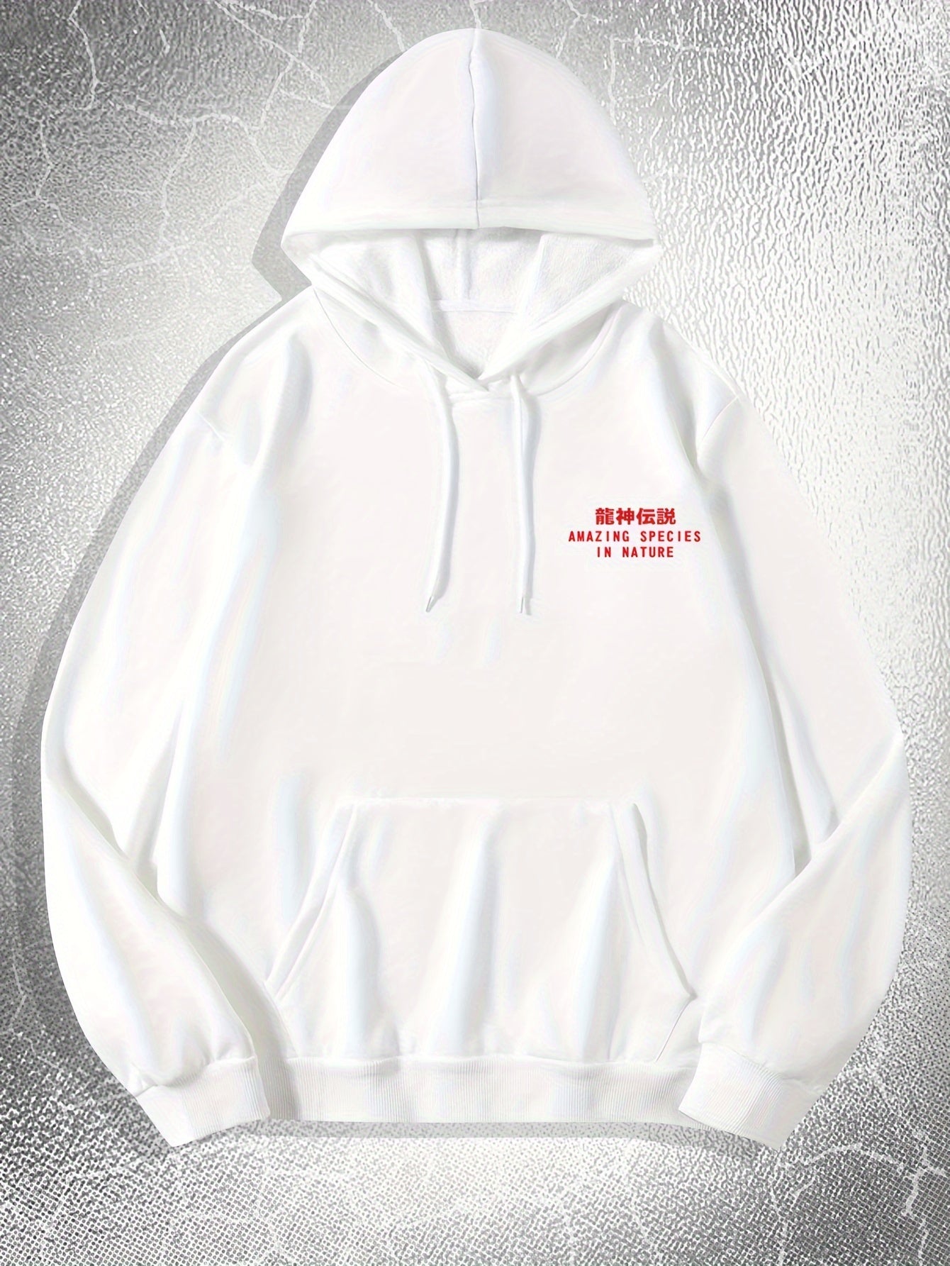 [Dragon Print Hoodie] White Polyester Dragon Print Hoodie - Casual & Trendy, Long Sleeves, Drawstring Hood - Streetwear Style