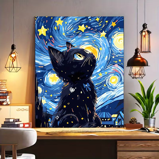 Cat Starry Night Sky Adult DIY Paint by Numbers Kit - 40.64x50.8 cm