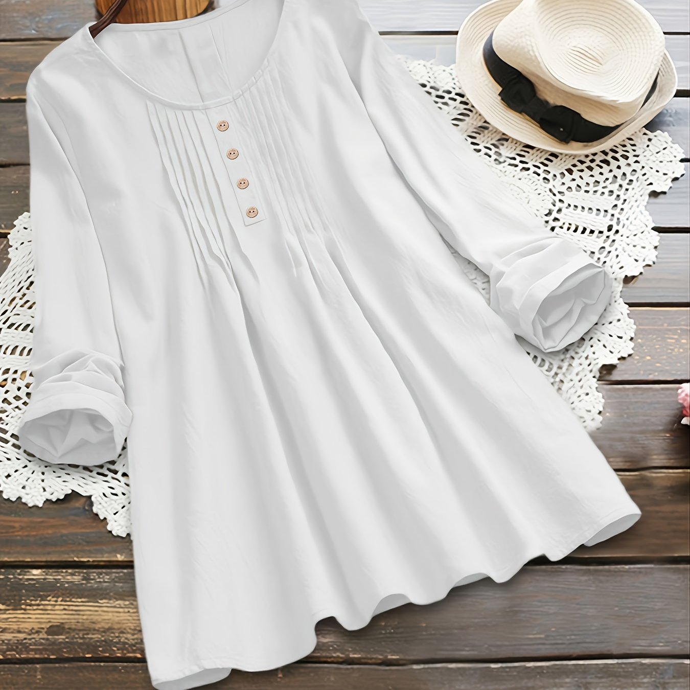 Plus Size - Plus Size Women'S Long Sleeve Loose Fit Round Neck Blouse - Light Green Pleated Casual Shirt with Button Details, Non-Stretch Fabric, Perfect for Spring/Fall, Ladies Blouses