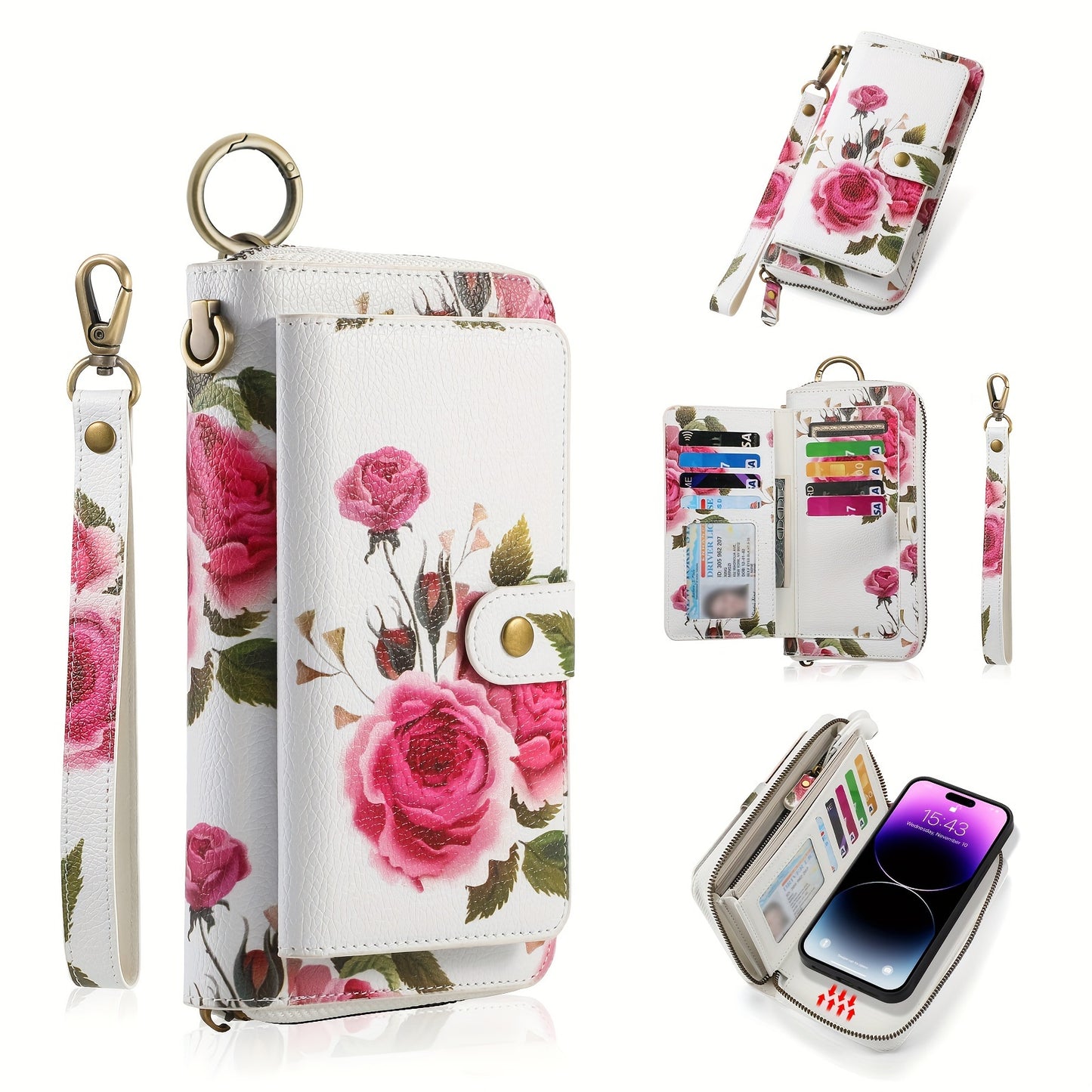 Flower Pattern PU Leather Zipper Handbag Fashion Large Capacity Long Wallet Clutch Bag Phone Bag Multi-card Card Holder Coin Purse Wallet