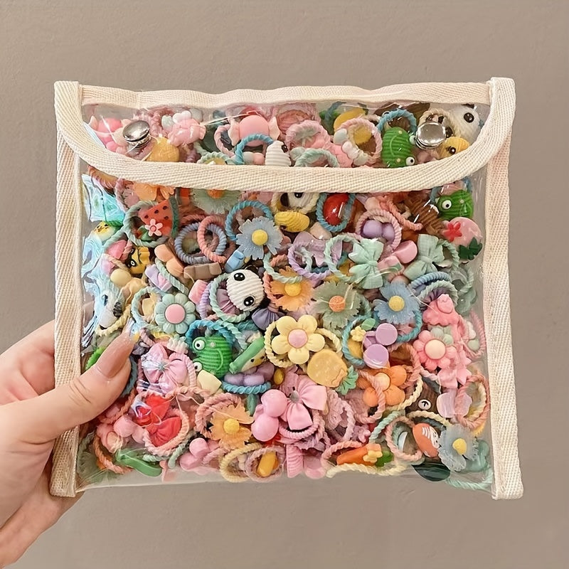 [60pcs Hair Ties] 60pcs Hair Ties, Cartoon Animals Flowers Fruits Decor Hair Bands | Baby Girls Decorative Hair Accessories Set Holiday Gift