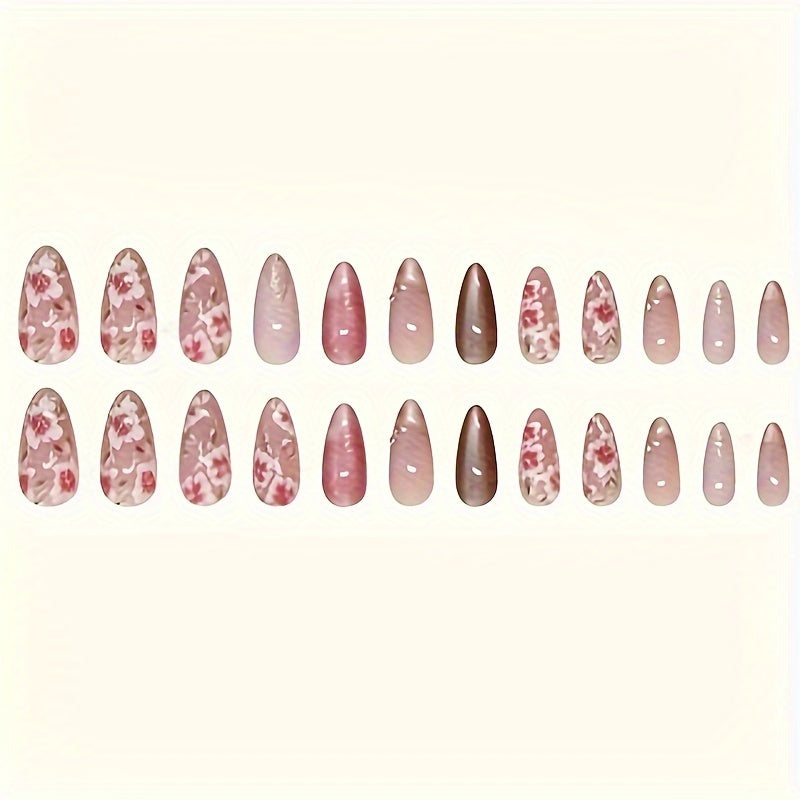 24pcs Cat Eye Press On Nails, Fake Nails with Peach Flower Design, Medium Square Shape False Nails for Women Girls