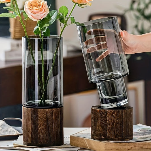 Chic Nordic-Inspired Glass Vase with Wooden Base - Perfect for Living Room Decor & Flower Arrangements
