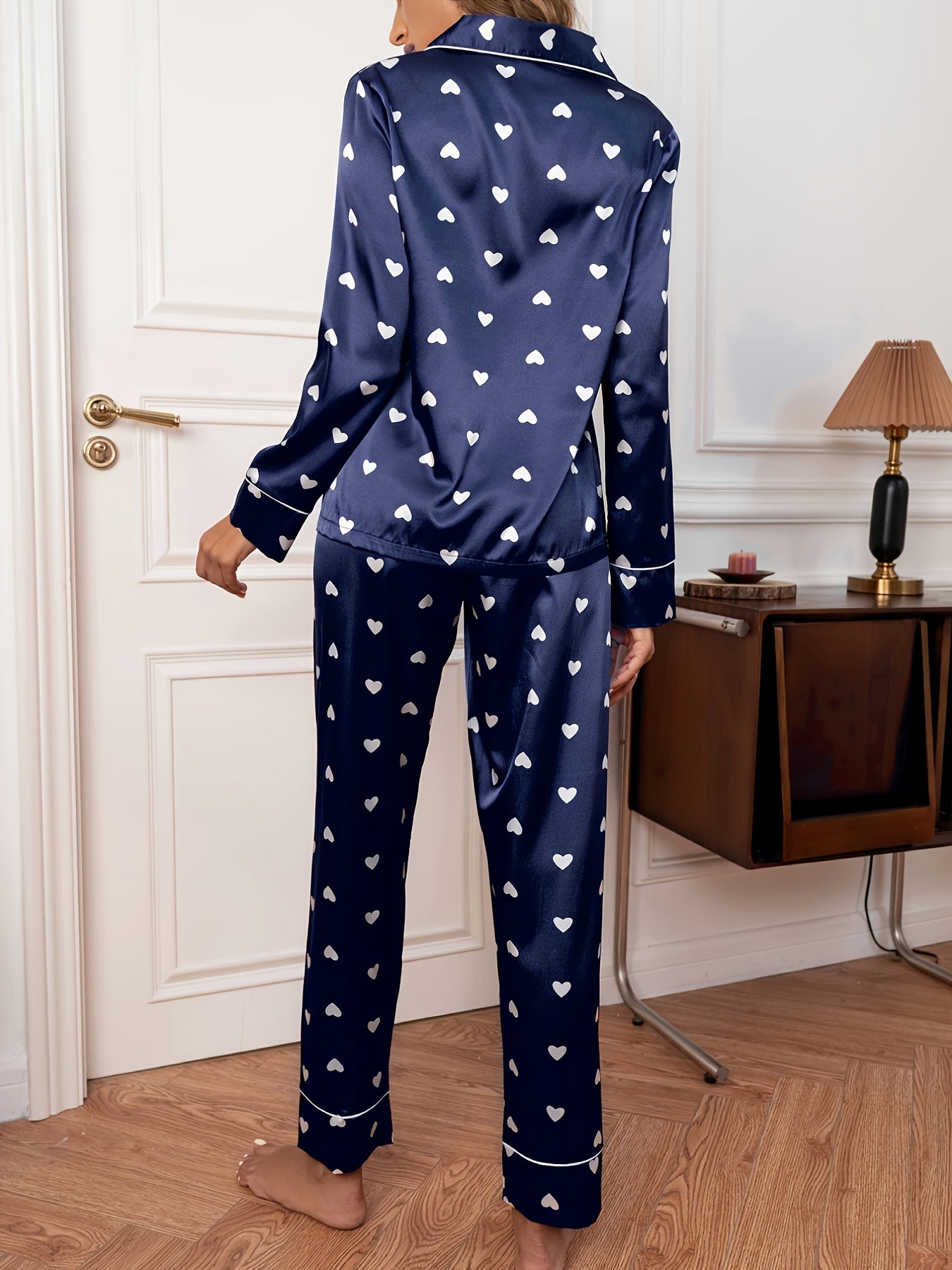 2pcs Set Women's Adult Long Sleeve Sleepwear Pant Sets - Cute Heart Print, Smooth Polyester Fabric - All Season Casual Home Wear | Hand Wash Only | Button Lapel Design