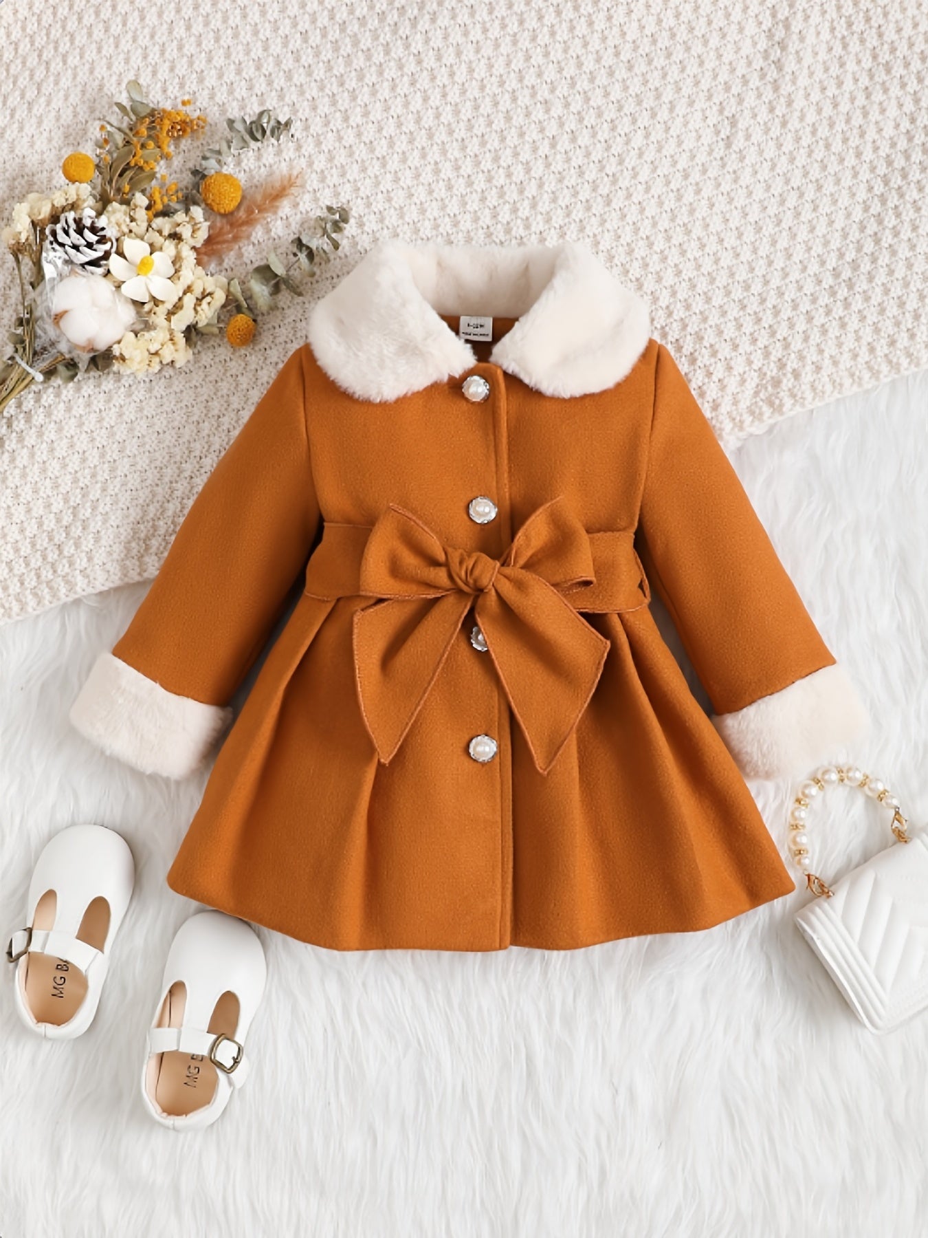 Fashionable And Versatile Coat for Baby Girls in Autumn And Winter, a Perfect Mother'S Day Gift. Adorable Plush Coat with a Bow And Collar, Designed for a Sweet Princess Look. Soft And Comfortable Outerwear to Keep Baby Warm