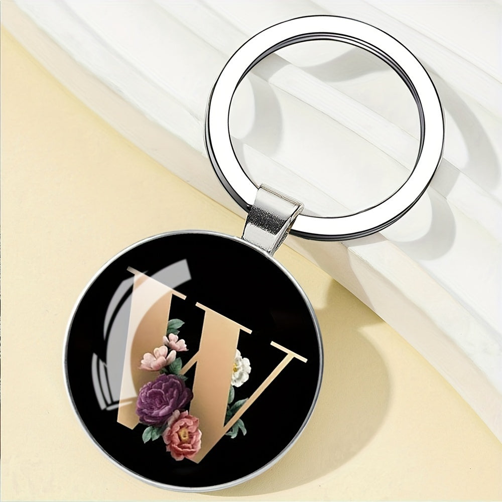 1pc Elegant Floral Alphabet Glass Keychain, Round Character-Themed Alloy Keyring, Romantic Collegiate Style Accessory, Ideal for Birthday, Anniversary, Graduation, Bridal Shower Gifts, and Festive Occasions - Christmas, Hallo