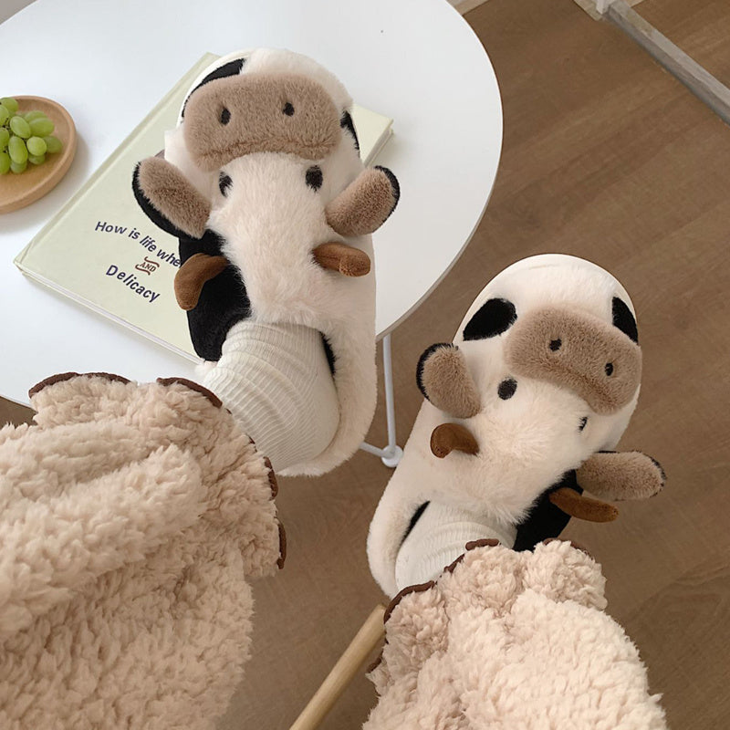 Cute Milk Cow Slippers | Women and Men Fuzzy Slippers, 2022 Winter Plush Platform Slides, Indoor Kawaii Shoes, Cartoon Style, Fabric Upper and Insole, TPU Sole
