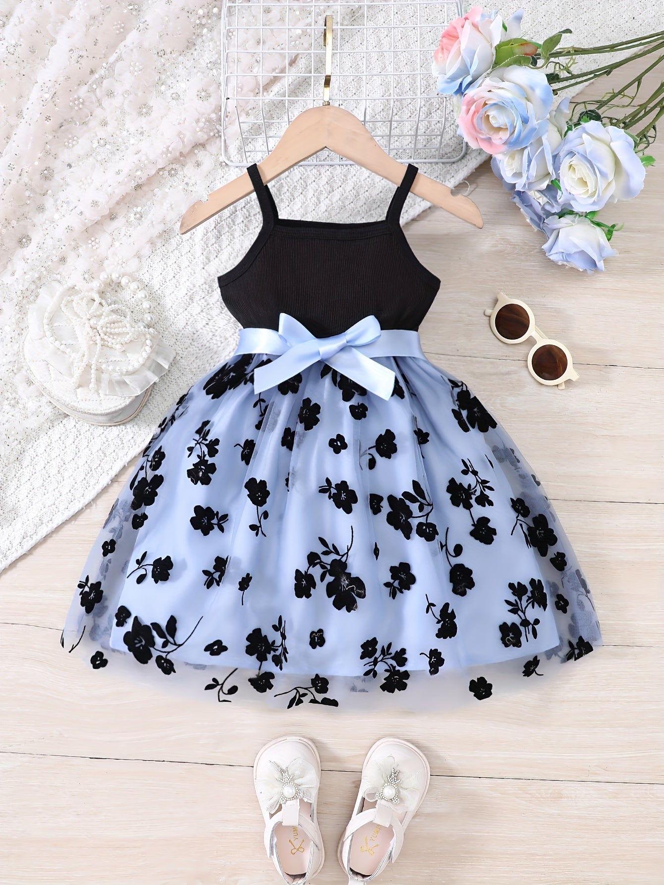 Splicing Flower Graphic Cami Tutu Dress Girls Summer Clothes Party Gift
