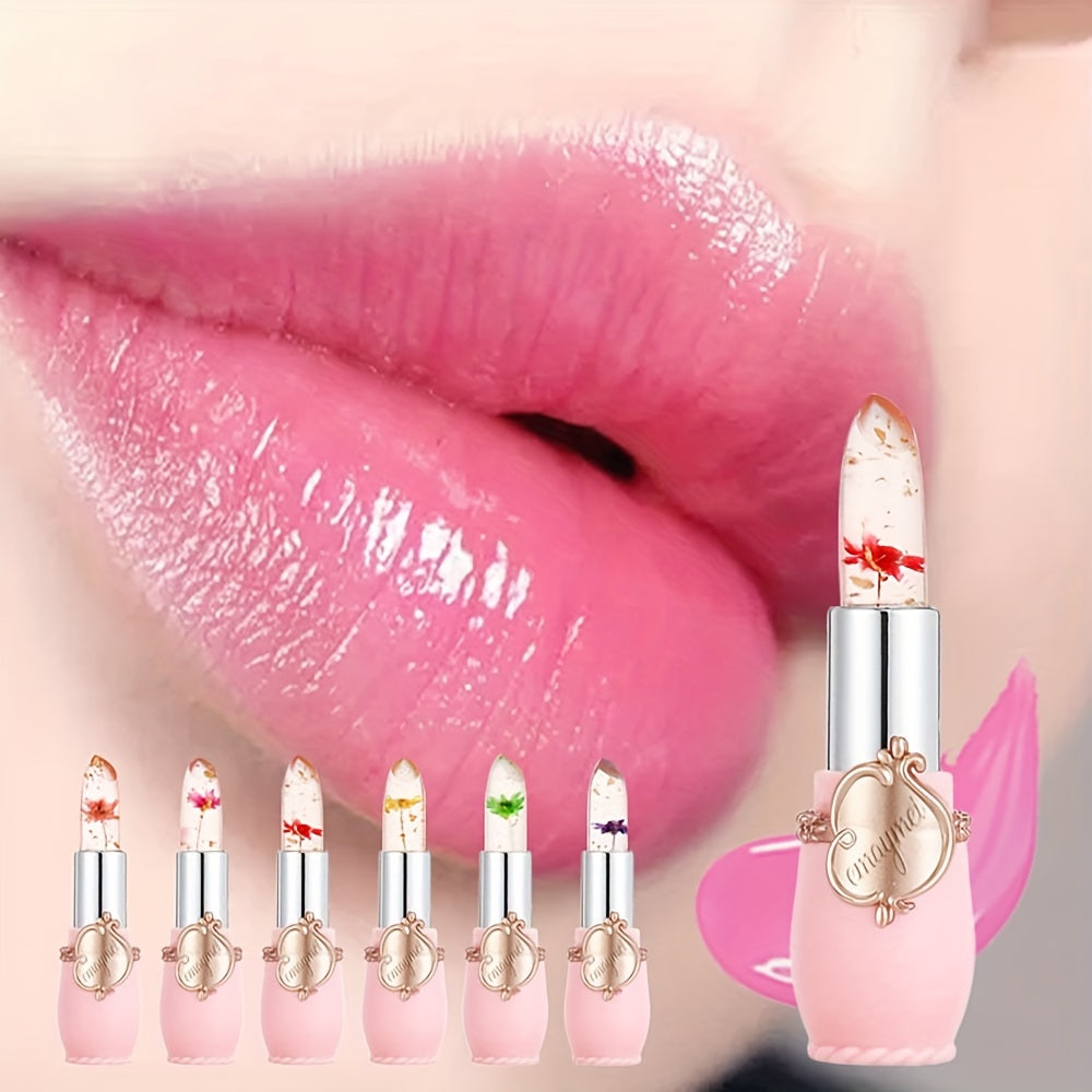 6-Piece Set of emaymei Vibrant Transparent Jelly Change Lipsticks - Featuring Crystal Golden Foil, Delicate Flower Petals, Shimmering Pink Hues, and Long-Lasting Moisturizing Formula for a Perfect Pout