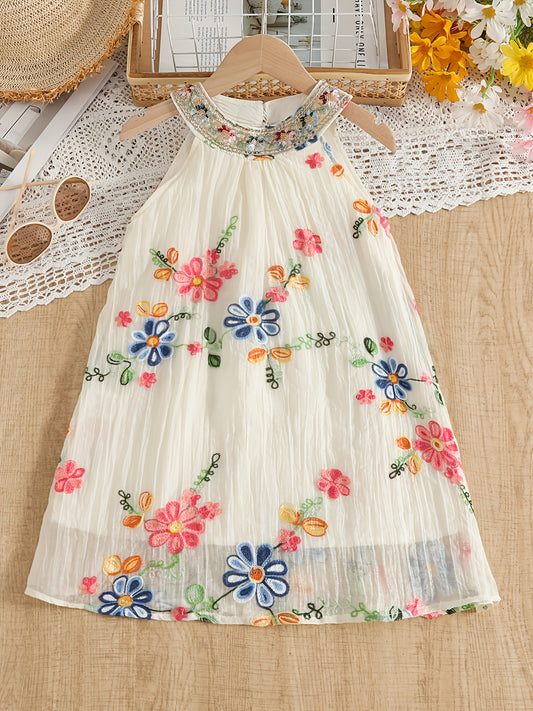 Summer New Bohemian Style Flower Embroidery Mesh Overlay Dress | Sleeveless, Non-Stretch Fabric, Flared Hem, Round Halter Neck, Ideal for Casual and Travel Vacation, Little Thin Princess Dress